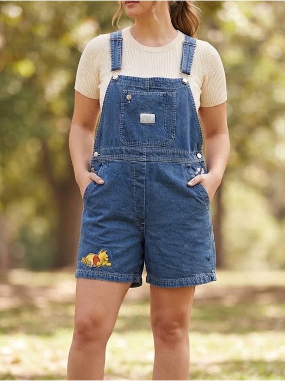 Vintage 90s Disney Winnie the Pooh Denim Overalls Shorts Embroidered Size Large